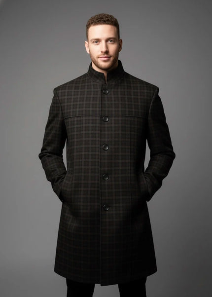 Brown Checkered Pure Wool Overcoat