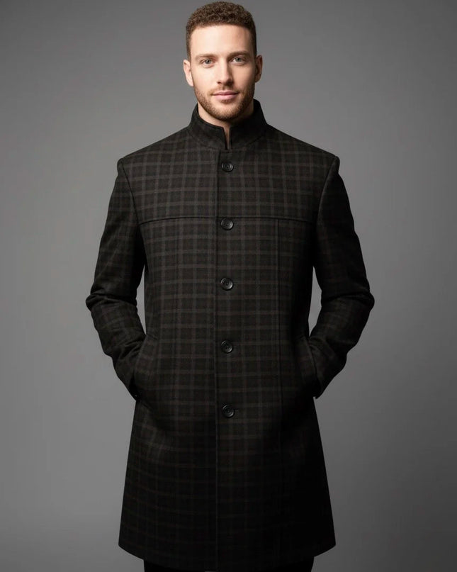 Brown Checkered Pure Wool Overcoat MYMASHA