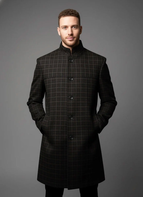 Brown Checkered Pure Wool Overcoat