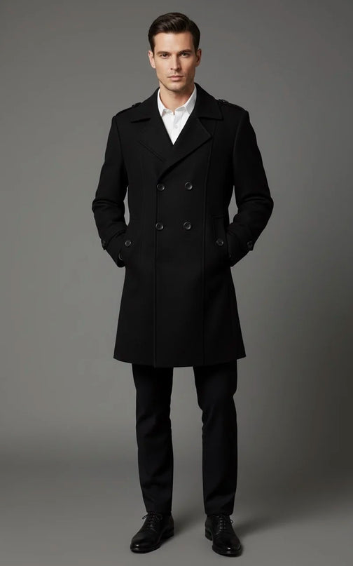Men’s Black Double-Breasted Overcoat