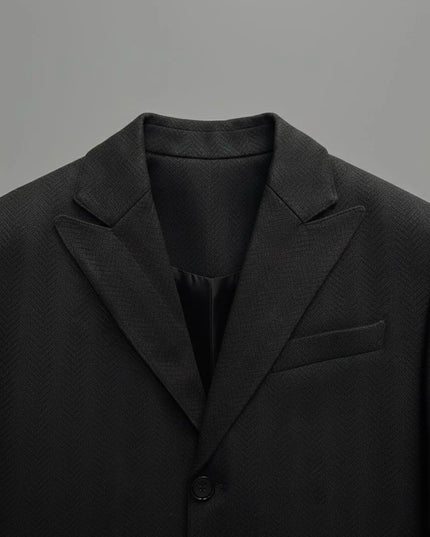 Black Herringbone Pure Wool Long Coat