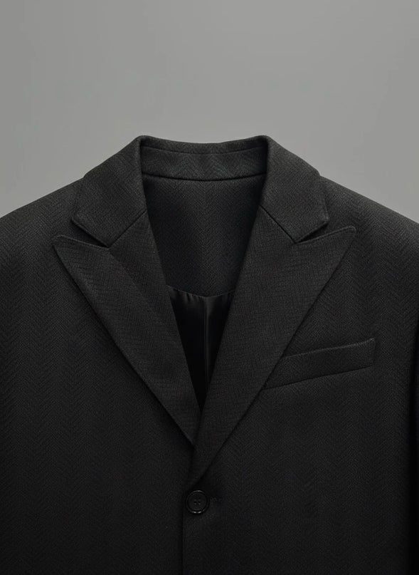 Black Herringbone Pure Wool Long Coat