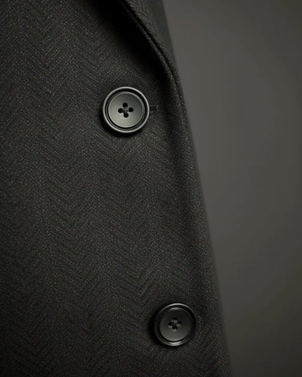 Black Herringbone Pure Wool Long Coat