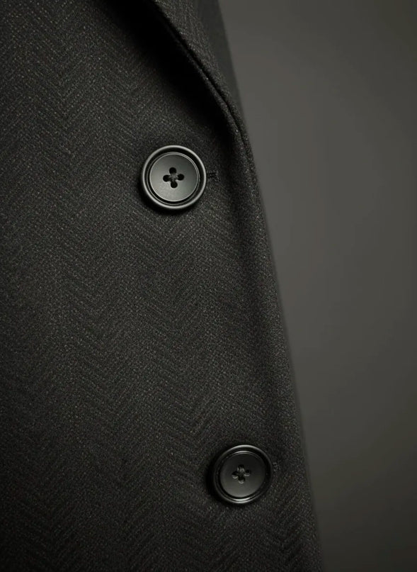 Black Herringbone Pure Wool Long Coat