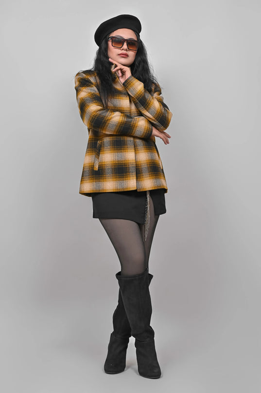 Women’s Checkered Winter Jacket – Mustard