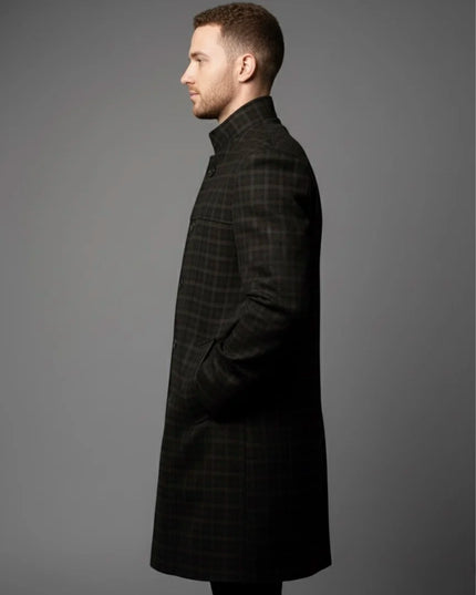 Brown Checkered Pure Wool Overcoat
