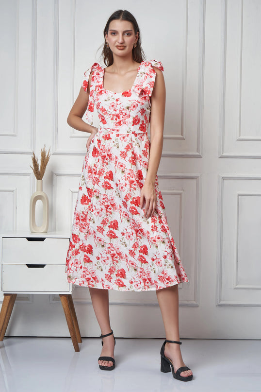 Red White Floral Print Dress