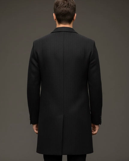 Black Herringbone Pure Wool Long Coat