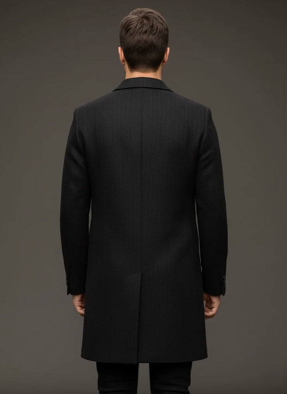 Black Herringbone Pure Wool Long Coat