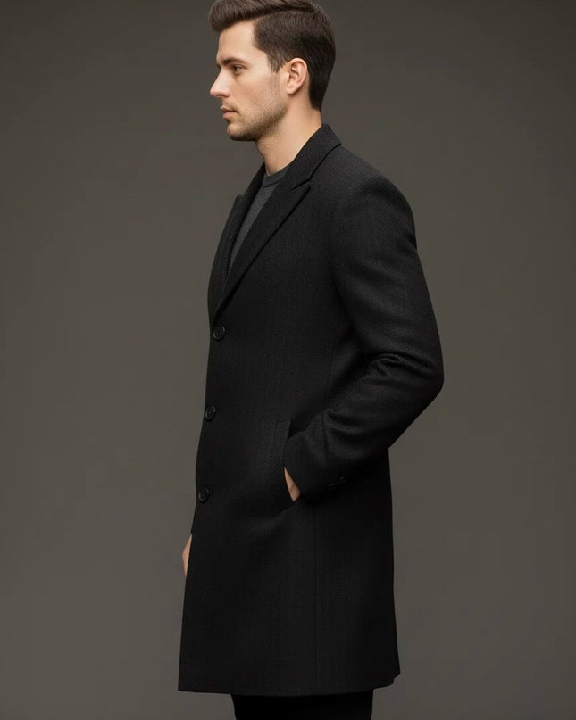 Black Herringbone Pure Wool Long Coat MYMASHA