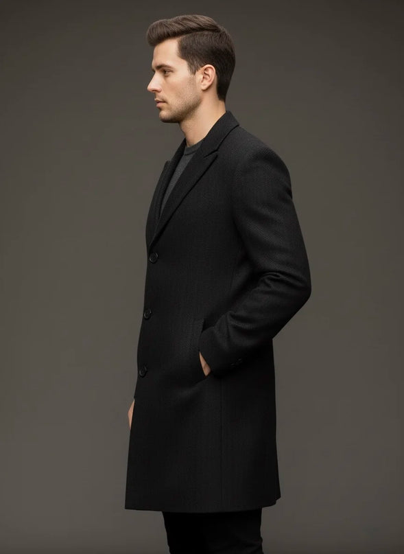 Black Herringbone Pure Wool Long Coat