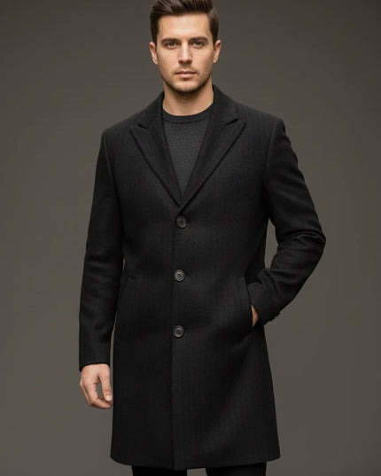 Black Herringbone Pure Wool Long Coat