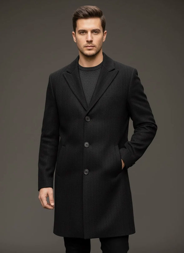 Black Herringbone Pure Wool Long Coat
