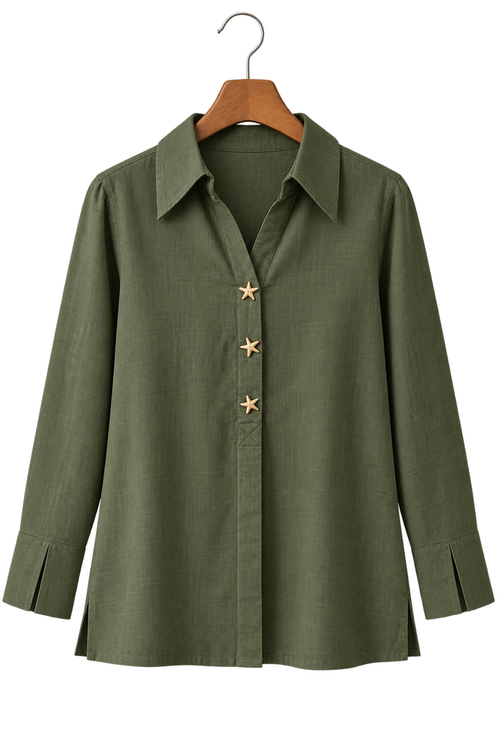 MYMASHA Olive Pure Cotton Relaxed-Fit Shirt — AI reconstructed front hanger view