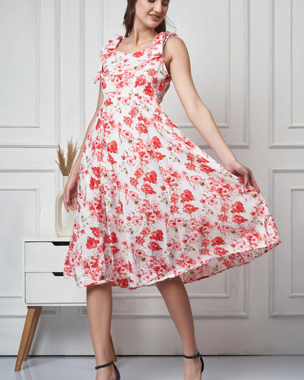 Red White Floral Print Dress