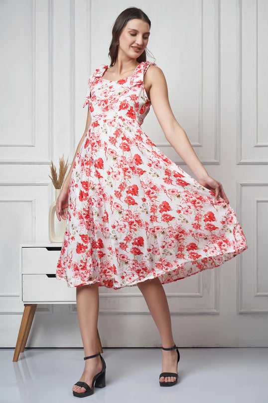Red White Floral Print Dress