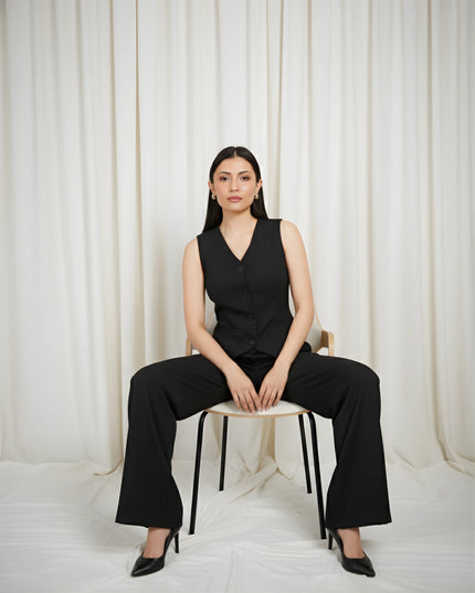 Women’s Black V-Neck Waistcoat with Trousers