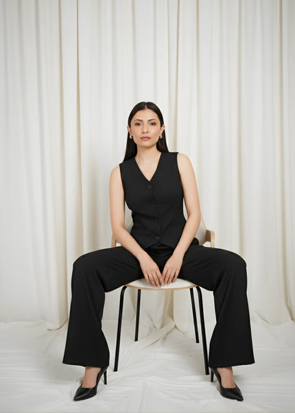 Women’s Black V-Neck Waistcoat with Trousers