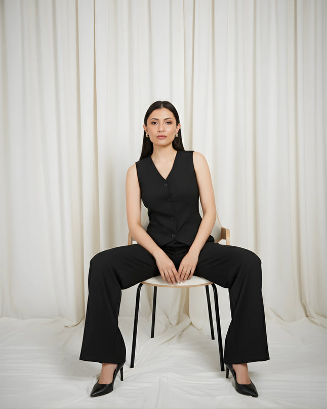 Women’s Black V-Neck Waistcoat with Trousers