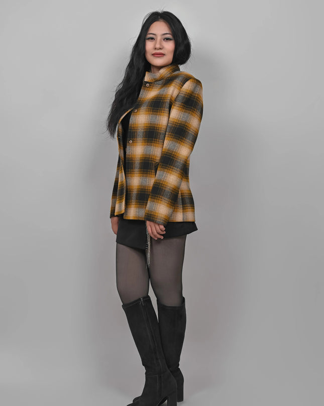 Women’s Checkered Winter Jacket – Mustard MYMASHA