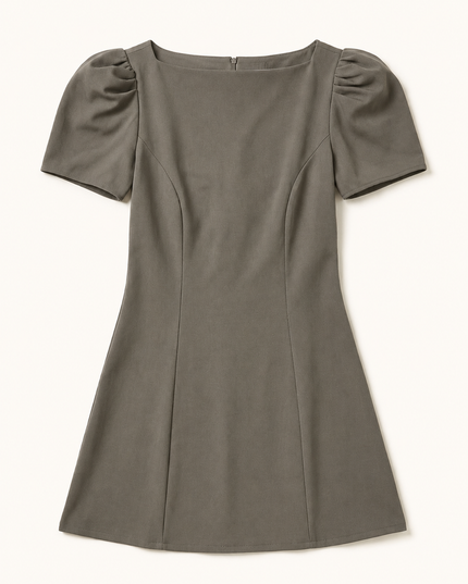 Olive Puff Sleeve Crepe A-Line Mini Dress