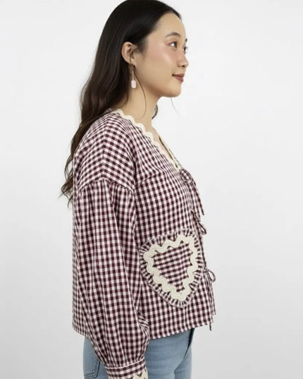 Maroon & White Gingham Lace Tie-Up Top