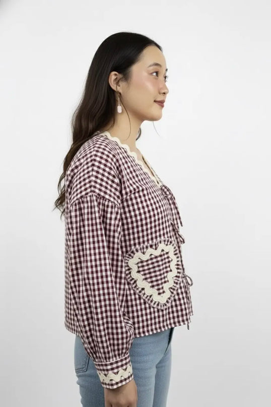 Maroon & White Gingham Lace Tie-Up Top