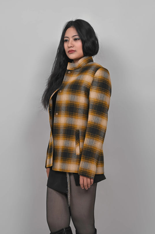 Women’s Checkered Winter Jacket – Mustard