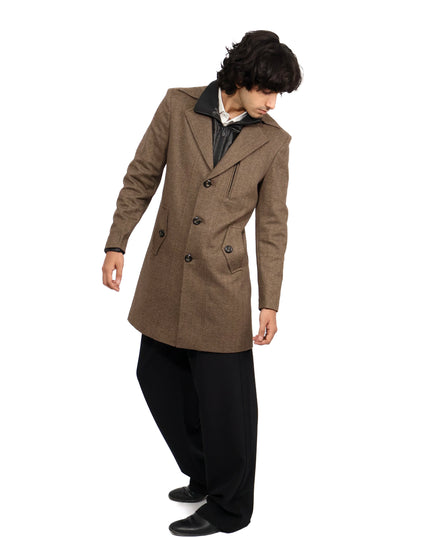 Brown Herringbone Overcoat with Quilted Bib