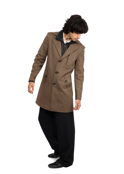 Brown Herringbone Overcoat with Quilted Bib
