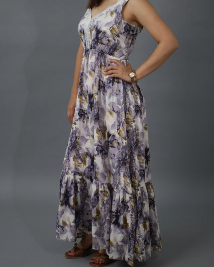 Floral Crepe Maxi Dress with Detachable Cape