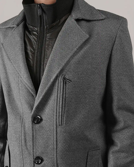 Grey Herringbone Overcoat with Quilted Bib