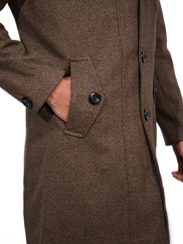 Brown Herringbone Overcoat with Quilted Bib