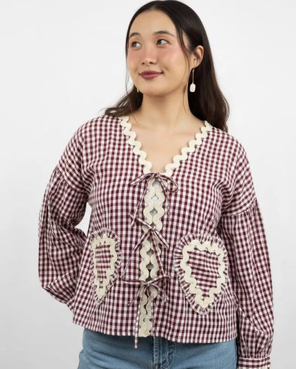 Maroon & White Gingham Lace Tie-Up Top