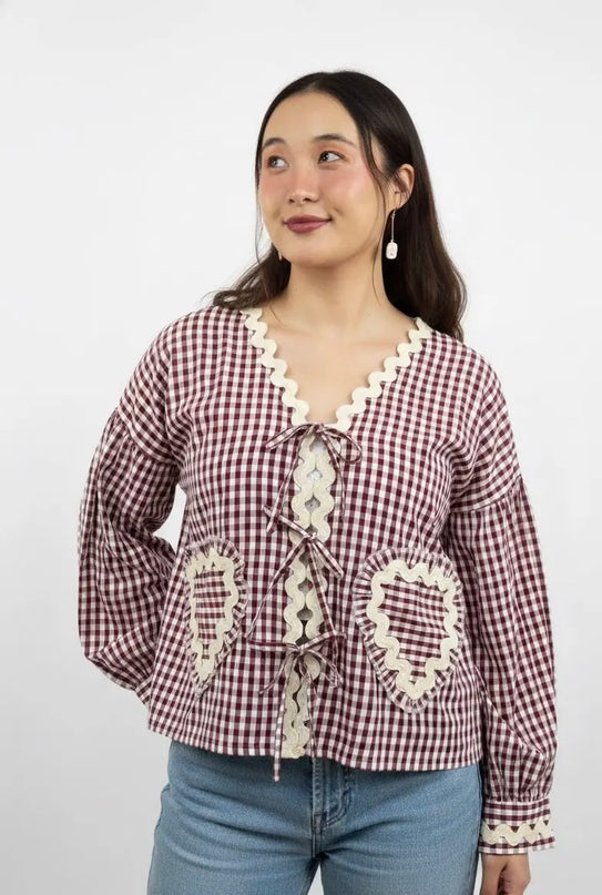 Maroon & White Gingham Lace Tie-Up Top