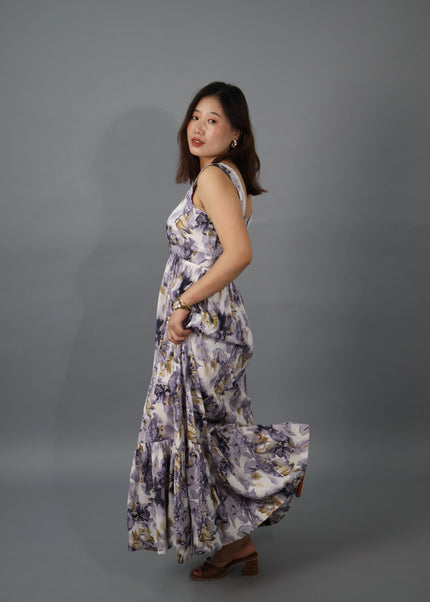 Floral Crepe Maxi Dress with Detachable Cape