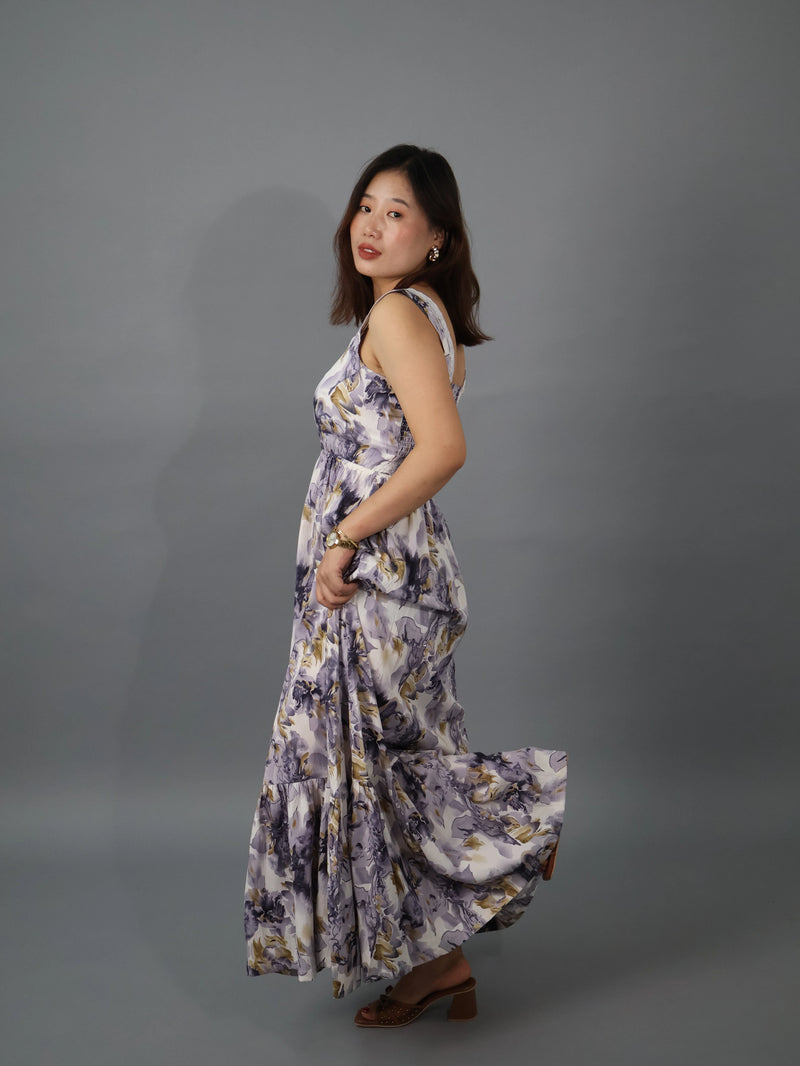 Floral Crepe Maxi Dress with Detachable Cape