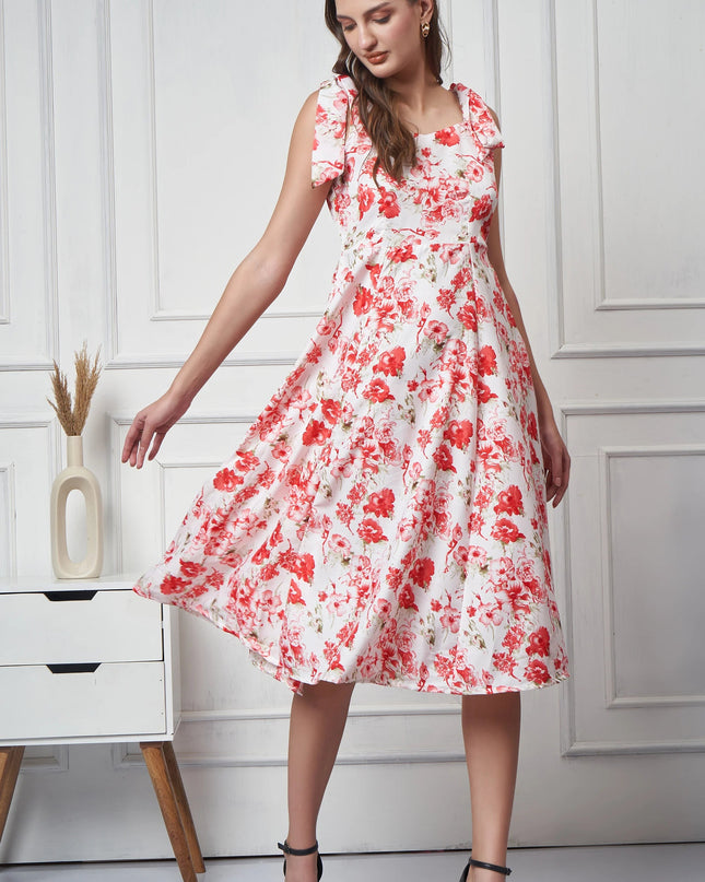 Red White Floral Print Dress MYMASHA