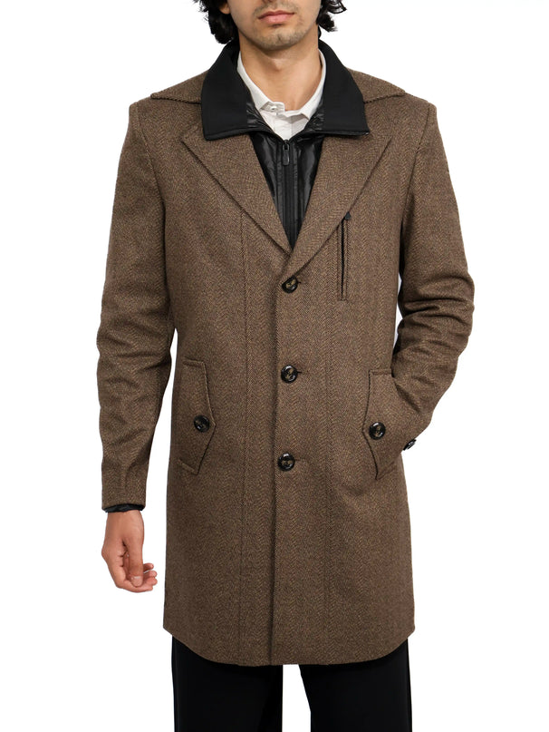Brown Herringbone Overcoat with Quilted Bib