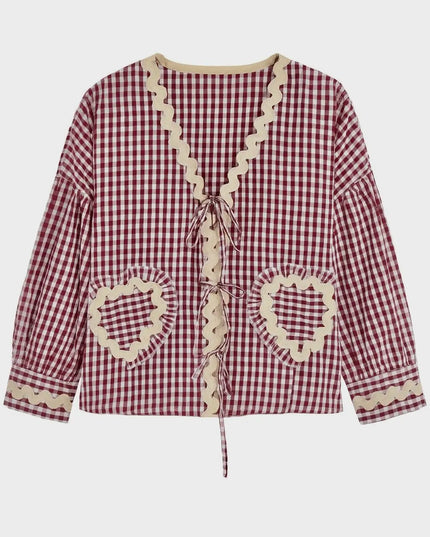 Maroon & White Gingham Lace Tie-Up Top