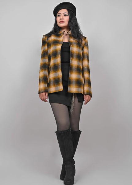 Women’s Checkered Winter Jacket – Mustard