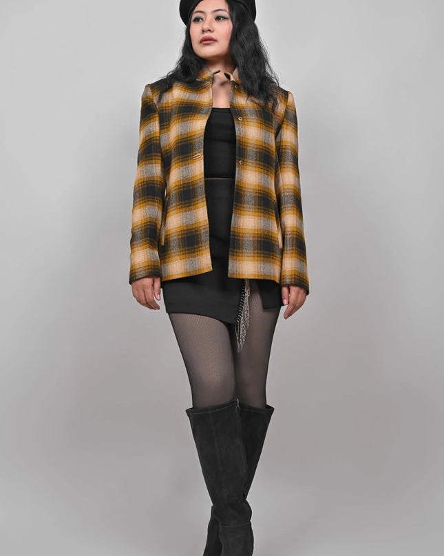 Women’s Checkered Winter Jacket – Mustard MYMASHA