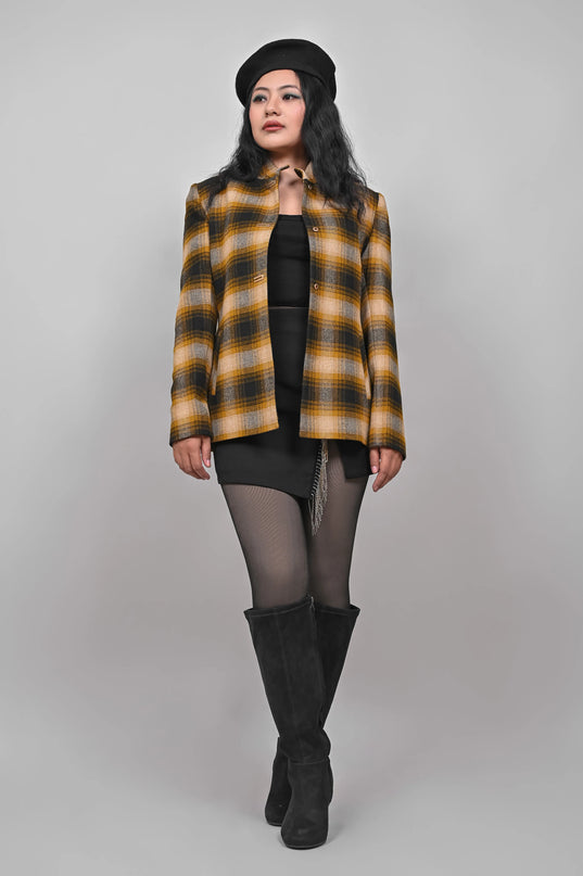 Women’s Checkered Winter Jacket – Mustard