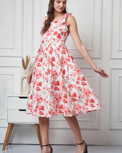 Red White Floral Print Dress