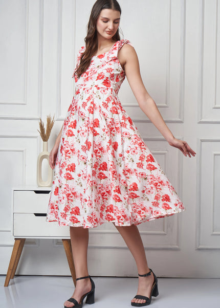 Red White Floral Print Dress