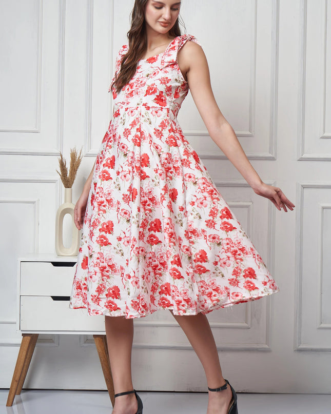 Red White Floral Print Dress MYMASHA