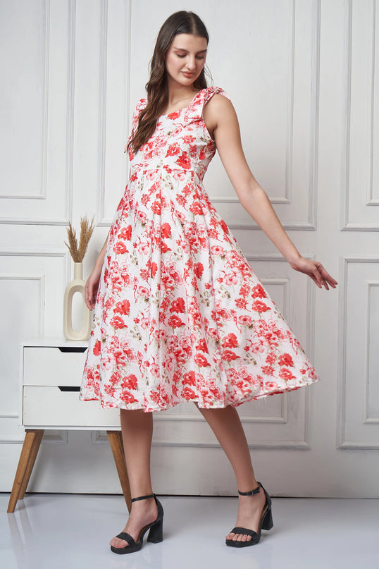 Red White Floral Print Dress