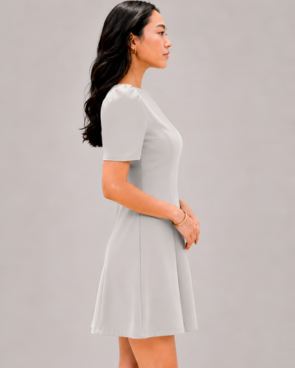 Beige Puff Sleeve Crepe A-Line Mini Dress