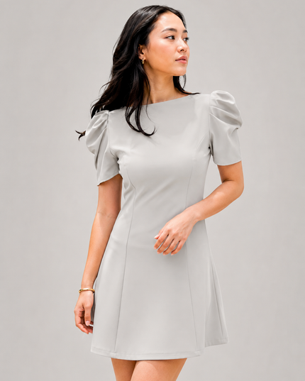 Beige Puff Sleeve Crepe A-Line Mini Dress