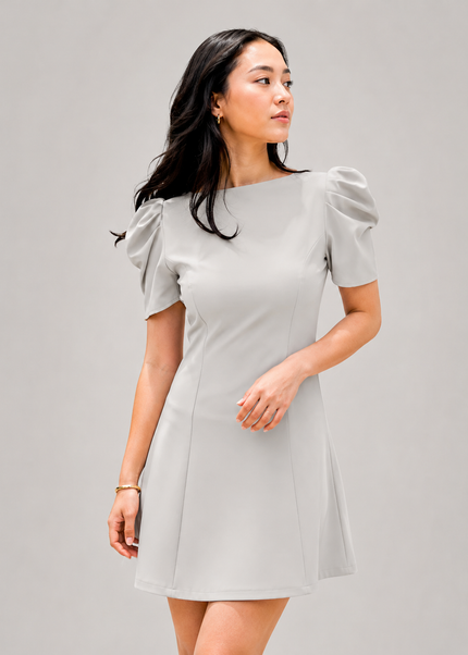 Beige Puff Sleeve Crepe A-Line Mini Dress